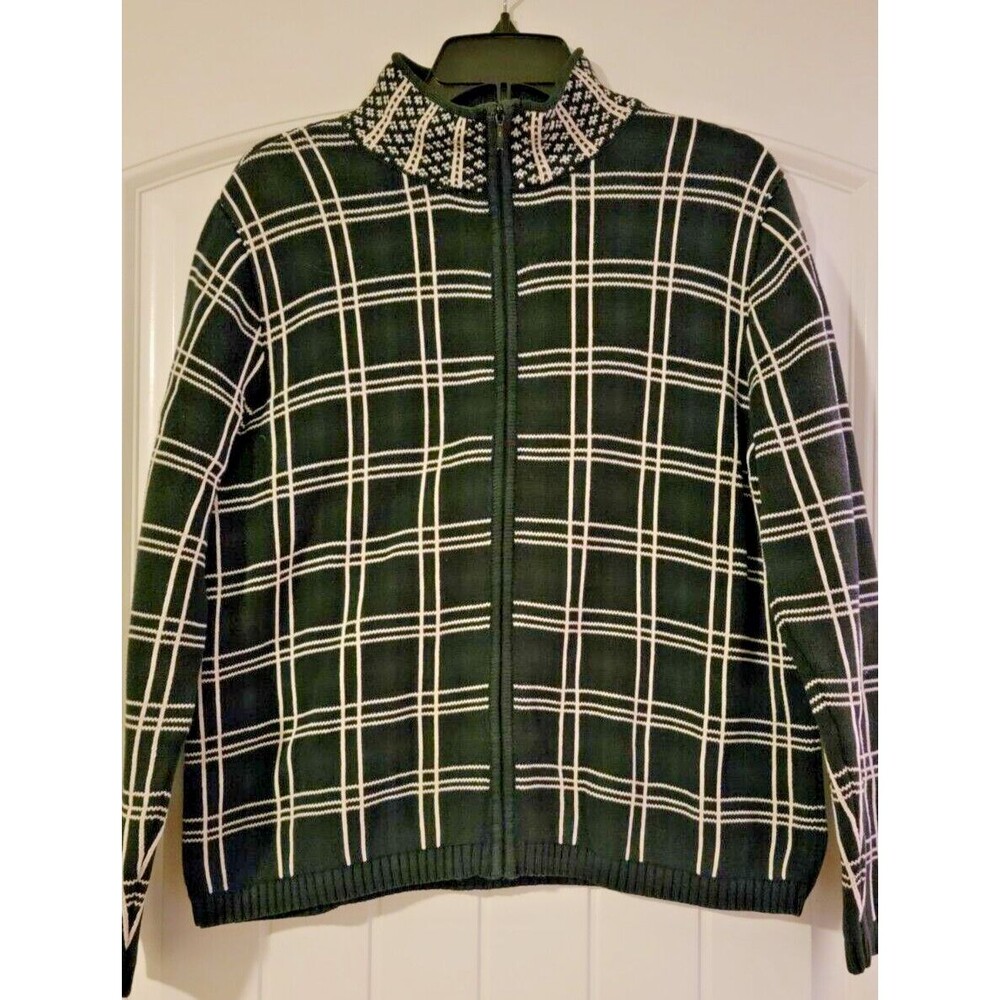Talbots Women Sweater Cardigan Knit Full Zip Check Cotton Black White Size L